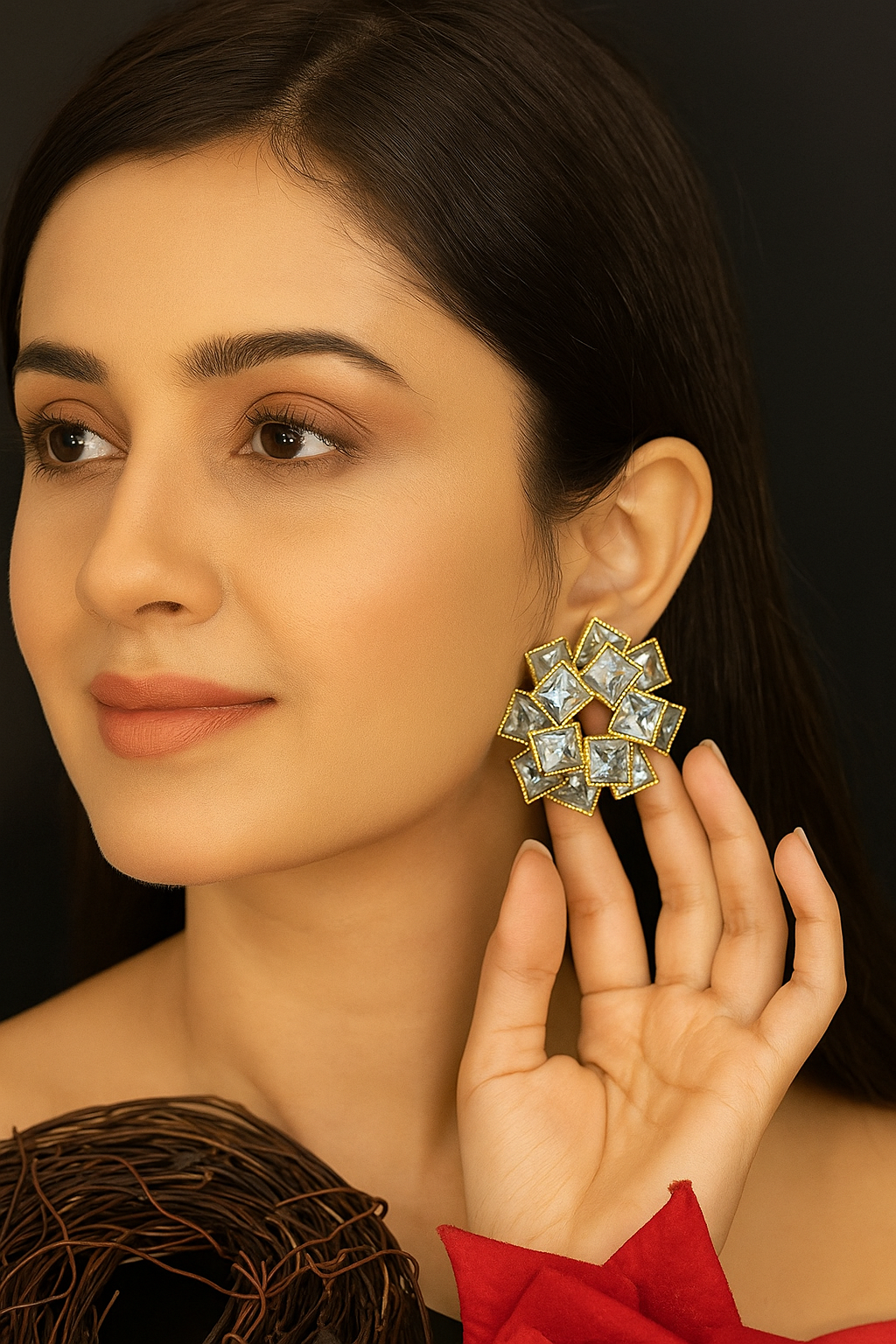 White Stone Geometric Stud Earrings – Designer Party Wear